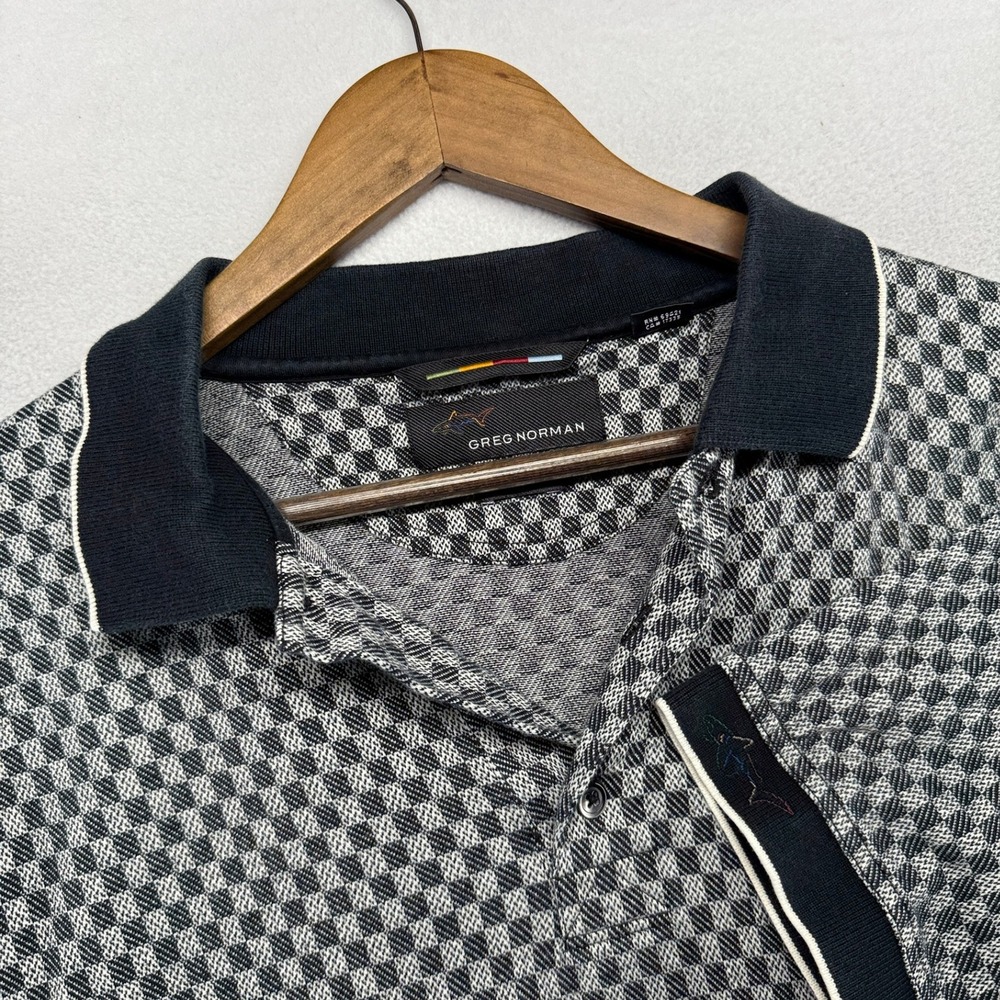 Vintage Greg Norman Polo Shirt Mens Large Black Geometric Shark Logo Knit Check